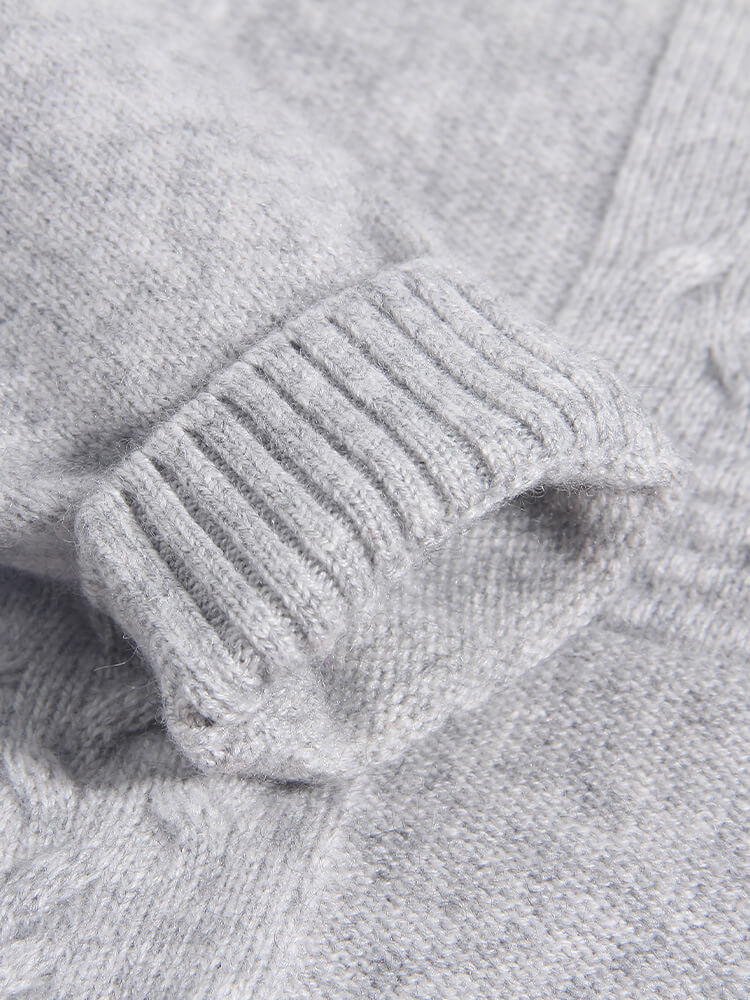 Girls Light Gray Cable Knit Cashmere Sweater with Ruffled Collar